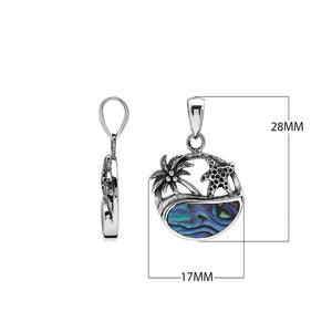 Wholesale sterling silver pendant with palm tree and starfish design, abalone shell inlay, handcrafted Bali jewelry for resellers