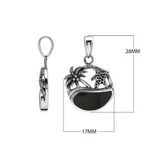 Sterling silver pendant with black shell inlay, palm tree and starfish design – handcrafted in Bali for wholesale.