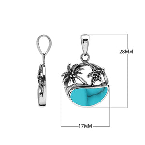 Sterling silver pendant with turquoise shell inlay, palm tree and starfish design – handcrafted in Bali for wholesale.