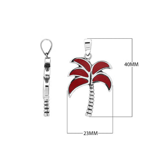 Sterling silver palm tree pendant with red coral inlay and textured trunk, handmade in Bali for wholesale buyers.