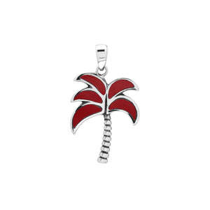 Sterling silver palm tree pendant with red coral inlay and textured trunk, handmade in Bali for wholesale buyers.