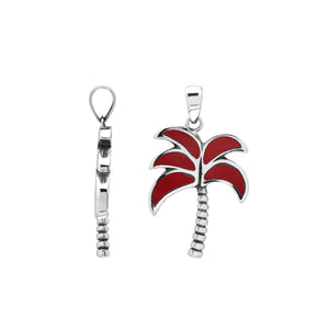 Sterling silver palm tree pendant with red coral inlay and textured trunk, handmade in Bali for wholesale buyers.