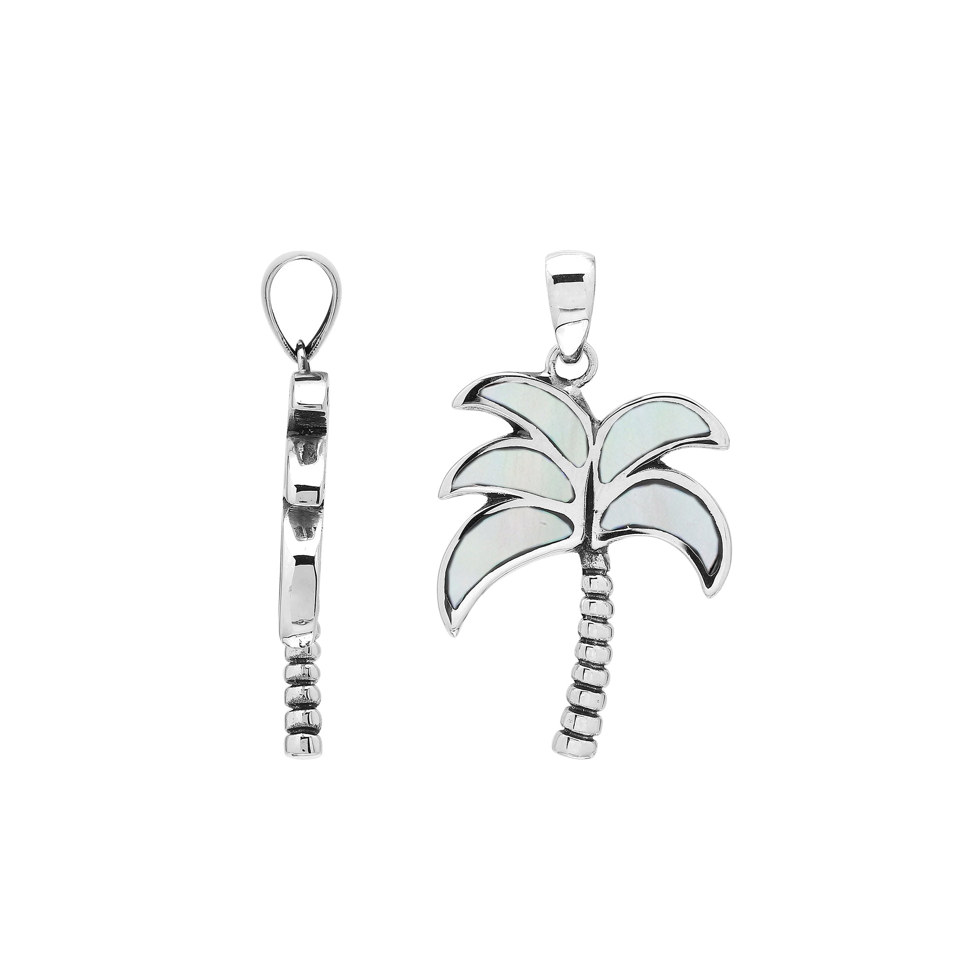 Sterling silver palm tree pendant with Mother of Pearl inlay and textured trunk, handmade in Bali for wholesale buyers.