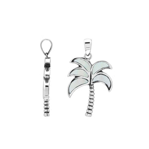 Sterling silver palm tree pendant with Mother of Pearl inlay and textured trunk, handmade in Bali for wholesale buyers.