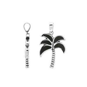Sterling silver palm tree pendant with black shell inlay and textured trunk, handmade in Bali for wholesale buyers.
