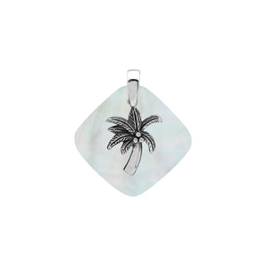 Sterling silver palm tree pendant on Mother of Pearl diamond-shaped base, handmade in Bali for wholesale jewelry buyers.