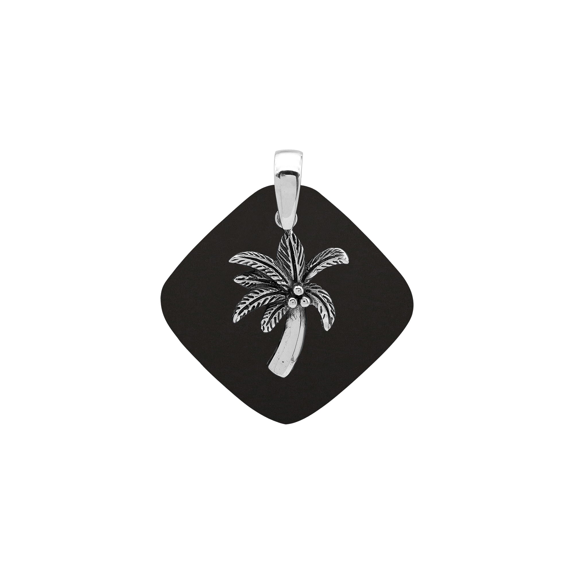 Sterling silver palm tree pendant on black shell diamond-shaped base, handmade in Bali for wholesale jewelry buyers.