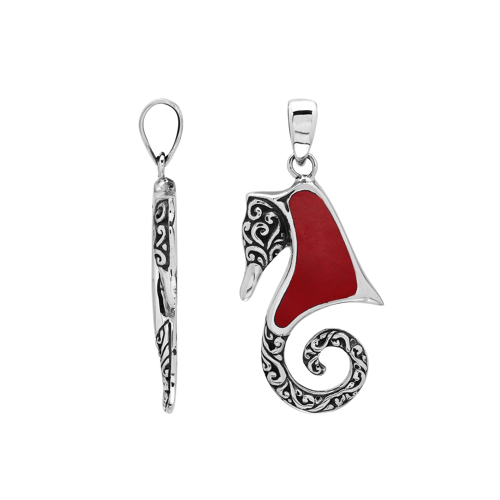 Sterling silver seahorse pendant with coral inlay and Balinese scroll detailing, handmade in Bali for wholesale buyers.