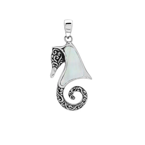 Sterling silver seahorse pendant with Mother of Pearl inlay and Balinese scroll detailing, handmade in Bali for wholesale buyers.