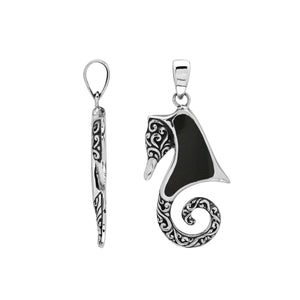 Sterling silver seahorse pendant with black shell inlay and Balinese scrollwork, wholesale jewelry.