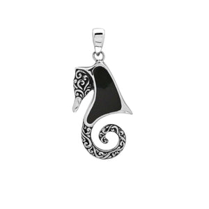 Sterling silver seahorse pendant with black shell inlay and Balinese scrollwork, wholesale jewelry.
