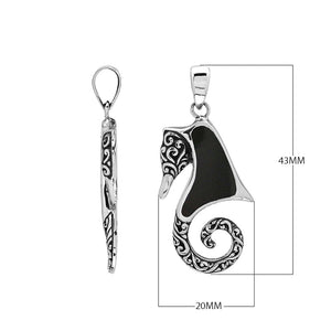 Sterling silver seahorse pendant with black shell inlay and Balinese scrollwork, wholesale jewelry.