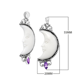 Sterling silver half-moon pendant with carved bone face and amethyst quartz, Balinese design.
