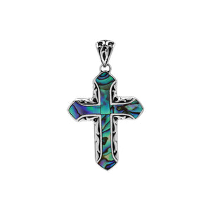 Sterling silver cross pendant with abalone shell inlay and Balinese silver detailing, wholesale artisan jewelry.
