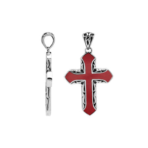 Sterling silver cross pendant with red coral inlay and Balinese scroll design, wholesale artisan jewelry.