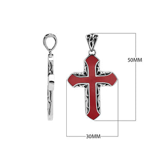 Sterling silver cross pendant with red coral inlay and Balinese scroll design, wholesale artisan jewelry.
