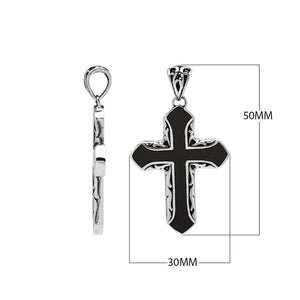Sterling silver cross pendant with black shell inlay and Balinese silver detailing, wholesale artisan jewelry.