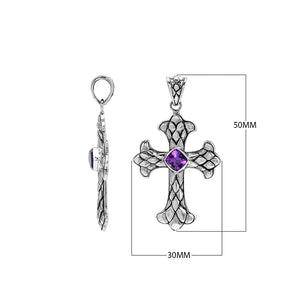 Sterling silver cross pendant with faceted amethyst Quartz and Balinese textured silver design, wholesale artisan jewelry.
