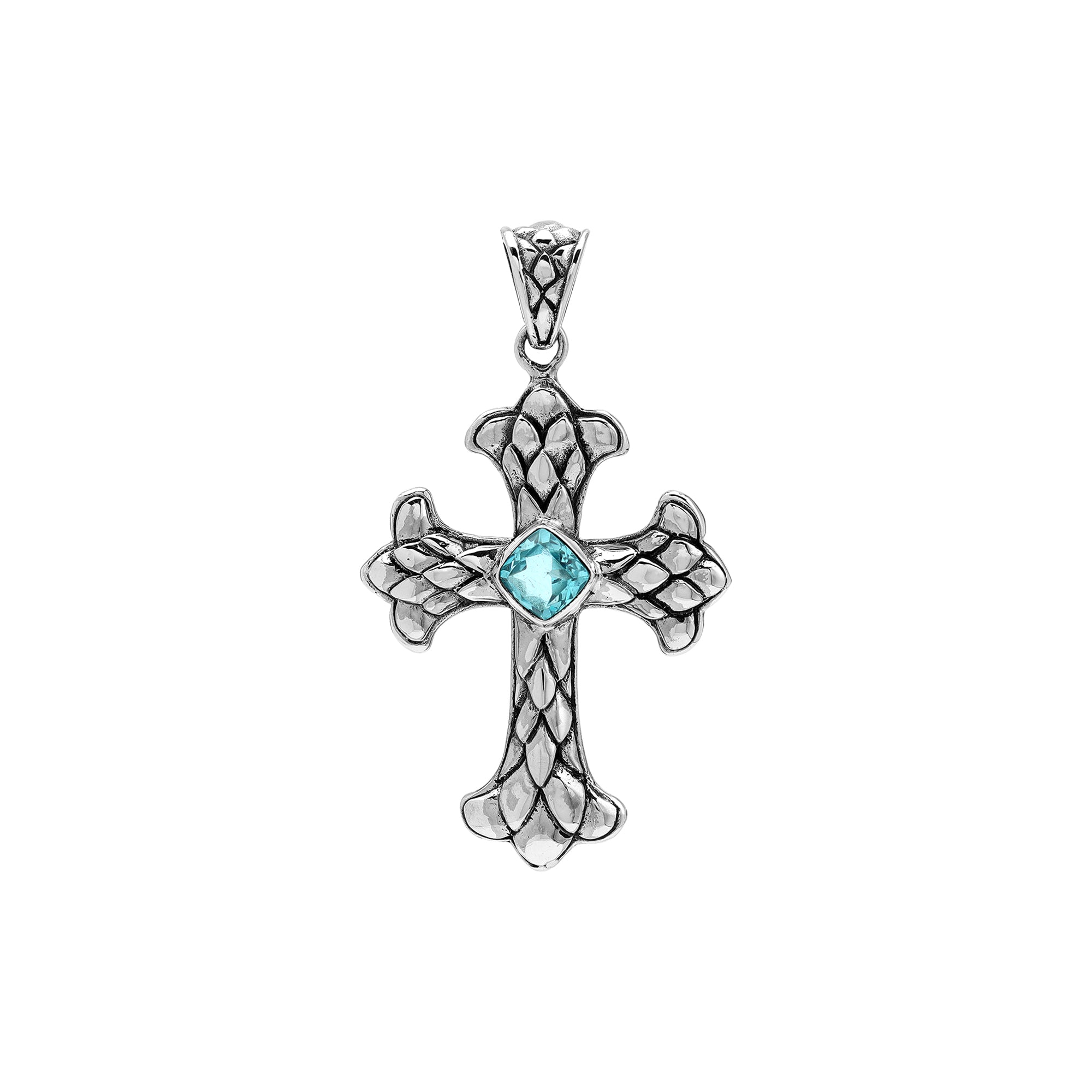 Sterling silver cross pendant with faceted Blue Topaz Quartz and Balinese textured silver design, wholesale artisan jewelry.
