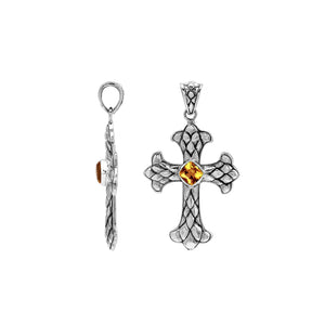 Sterling silver cross pendant with faceted Citrine Quartz and Balinese textured silver design, wholesale artisan jewelry.