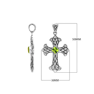 Sterling silver cross pendant with faceted peridot quartz and Balinese textured silver design, wholesale artisan jewelry.