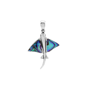 Sterling silver manta ray pendant with abalone shell inlay, handcrafted Balinese nautical jewelry.
