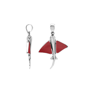 Sterling silver manta ray pendant with red coral inlay, handcrafted Balinese nautical jewelry.