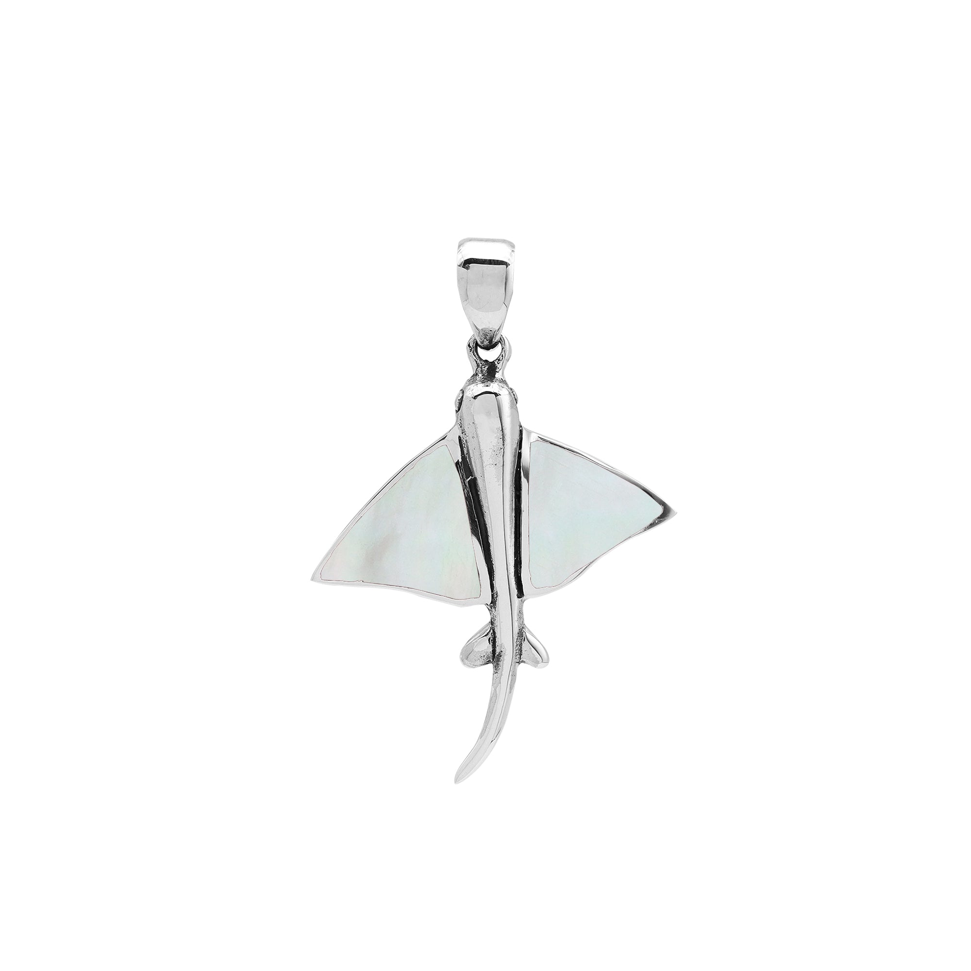 Sterling silver Mantaray pendant with mother of pearl inlay, handcrafted Balinese nautical jewelry.