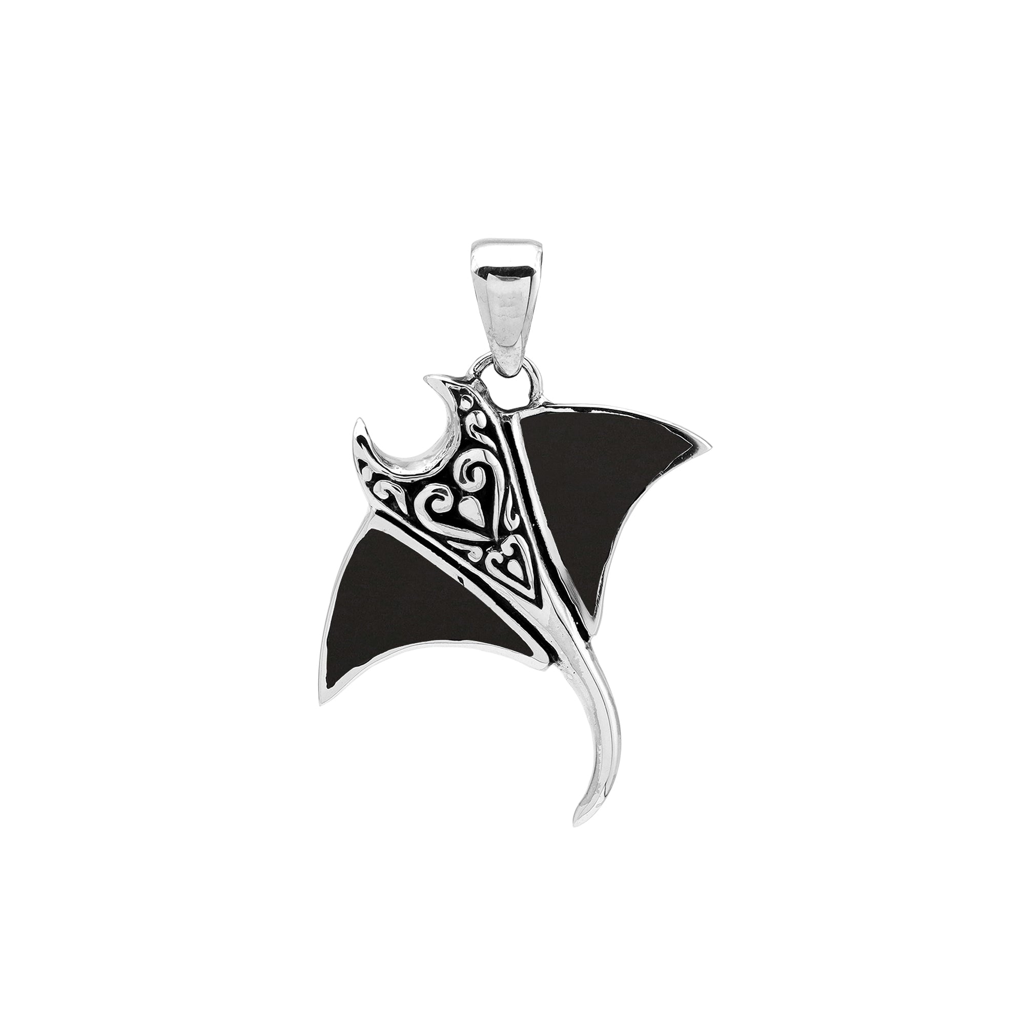 Sterling silver Mantaray pendant with black shell inlay and Balinese carvings – wholesale jewelry