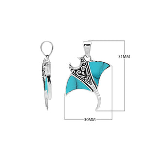 Sterling silver Mantaray pendant with turquoise shell inlay and Balinese carvings – wholesale jewelry