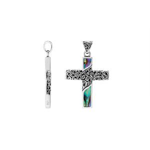 Sterling silver ornate cross pendant with abalone shell inlay and oxidized scroll detailing