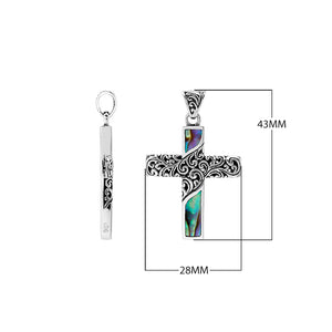 Sterling silver ornate cross pendant with abalone shell inlay and oxidized scroll detailing