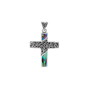 Sterling silver ornate cross pendant with abalone shell inlay and oxidized scroll detailing