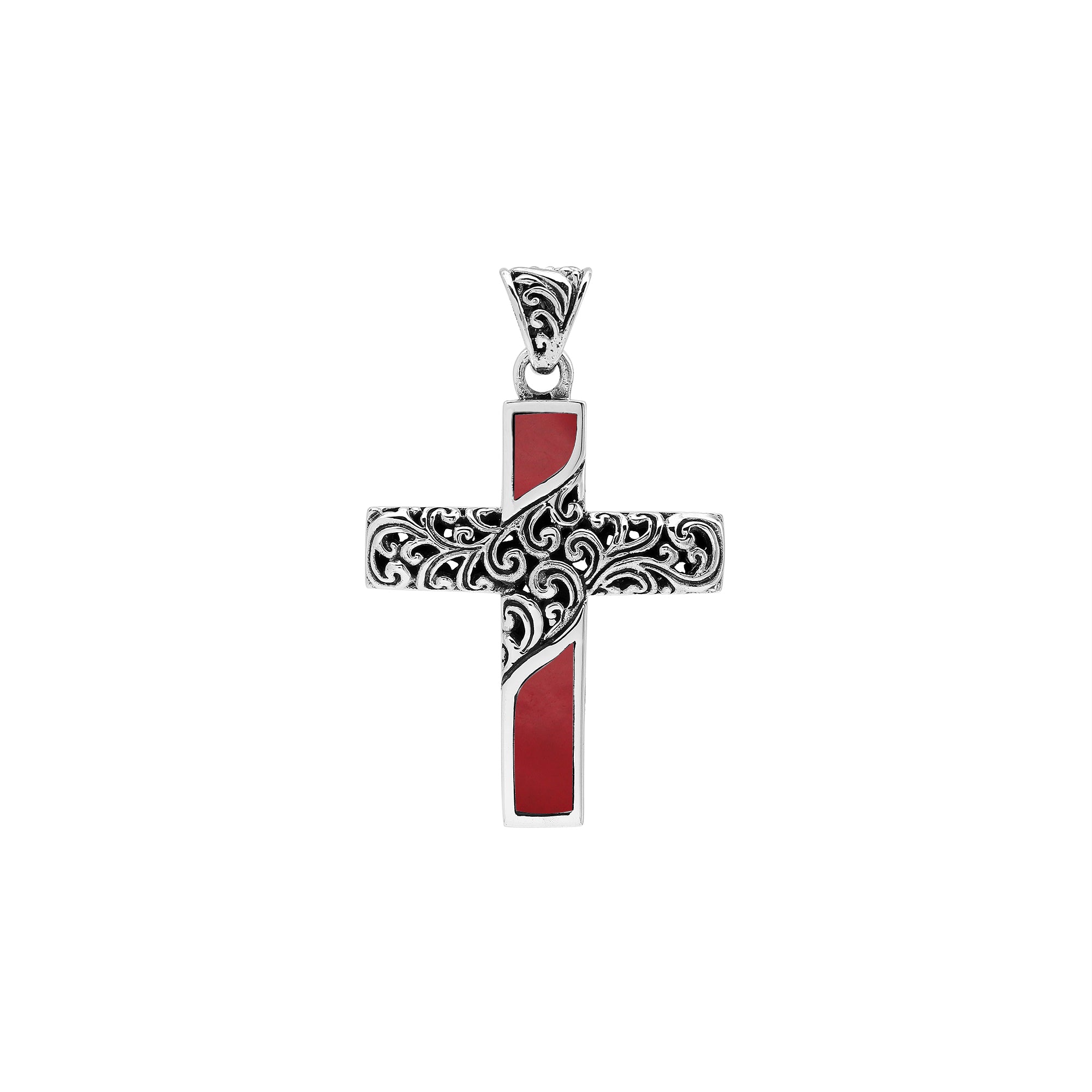 Sterling silver ornate cross pendant with red coral inlay and oxidized scroll detailing