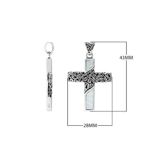 Sterling silver ornate cross pendant with mother of pearl inlay and oxidized scroll detailing