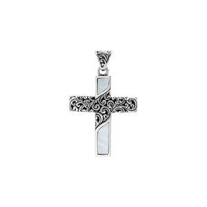 Sterling silver ornate cross pendant with mother of pearl inlay and oxidized scroll detailing