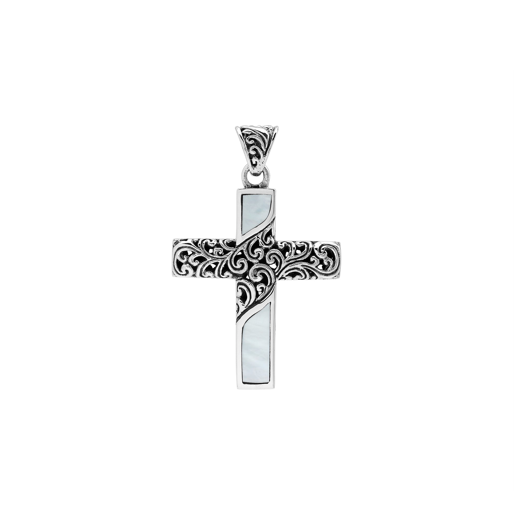 Sterling silver ornate cross pendant with mother of pearl inlay and oxidized scroll detailing
