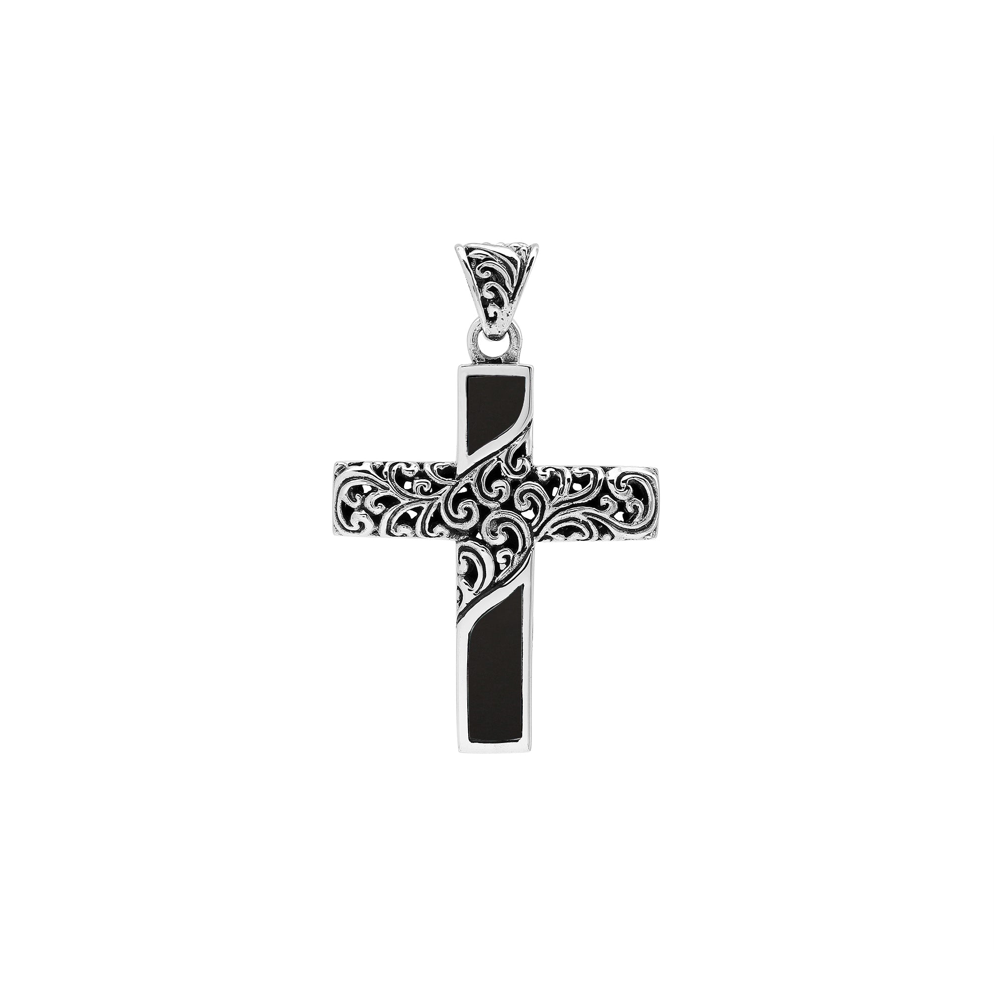 Sterling silver ornate cross pendant with black shell inlay and oxidized scroll detailing