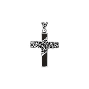 Sterling silver ornate cross pendant with black shell inlay and oxidized scroll detailing