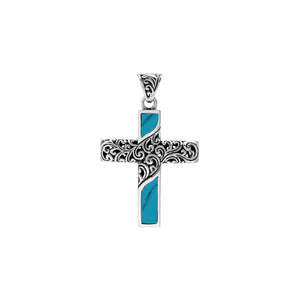 Sterling silver ornate cross pendant with turquoise shell inlay and oxidized scroll detailing