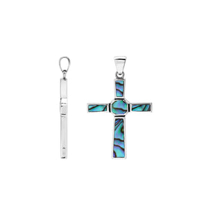 Sterling silver geometric cross pendant with abalone shell inlay and polished finish