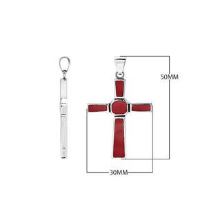 Sterling silver geometric cross pendant with red coral inlay and polished finish