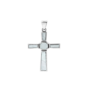 Handcrafted sterling silver mother of pearl cross pendant with modern geometric design
