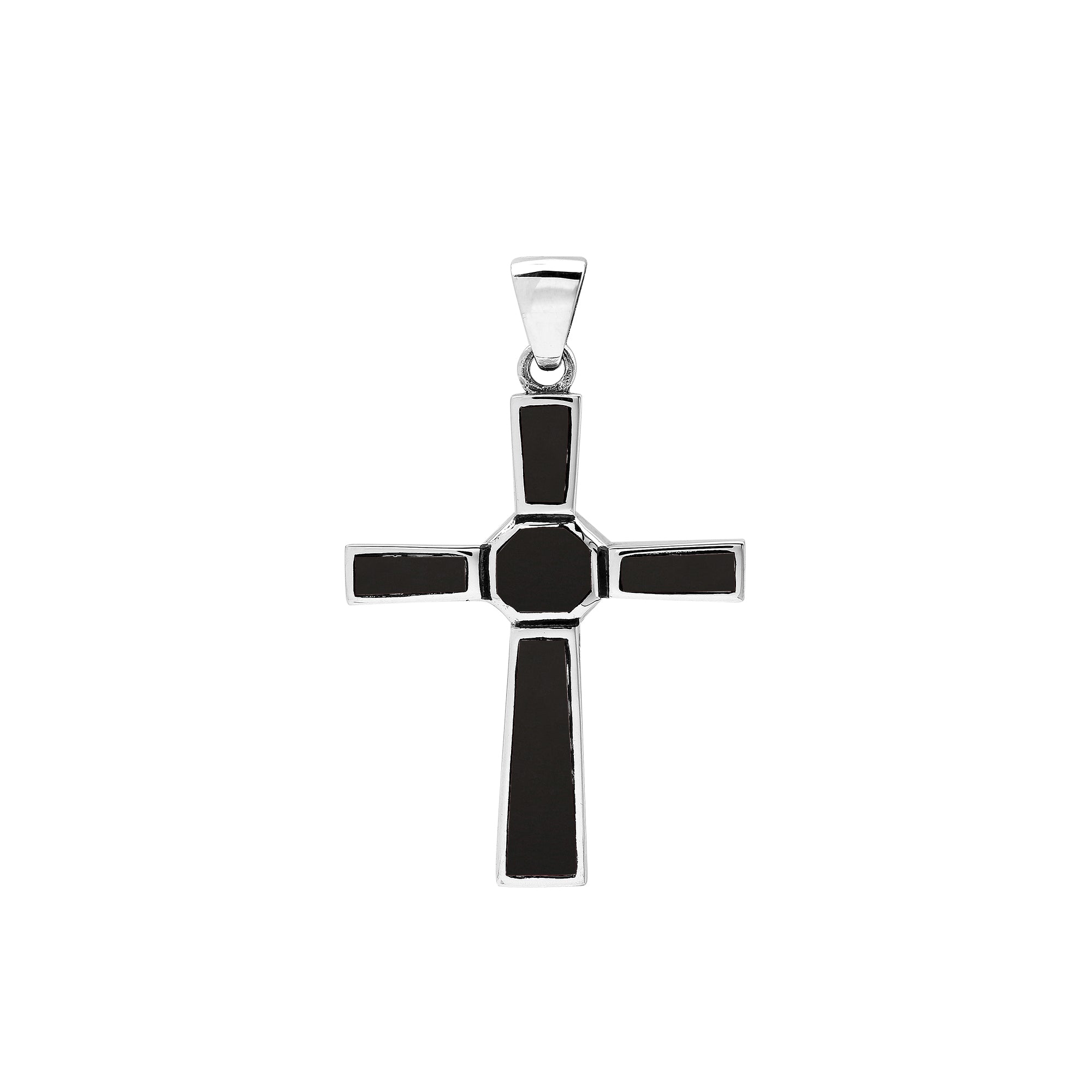 Sterling silver geometric cross pendant with black shell inlay and polished finish