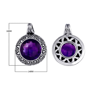 Sterling silver round pendant with faceted amethyst quartz and Bali floral detailing, handcrafted in Indonesia