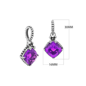 Sterling Silver Amethyst Quartz Cushion Pendant with beaded bail handcrafted in Bali