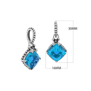 Sterling Silver Blue Topaz Quartz Cushion Pendant with beaded bail handcrafted in Bali