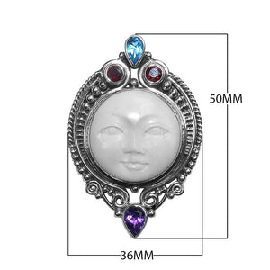 Sterling Silver Moon Face Pendant with Amethyst, Blue Topaz, and Garnet Quartz handcrafted in Bali