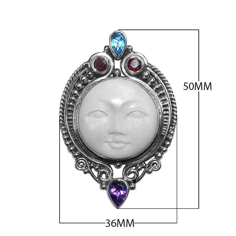 Sterling Silver Moon Face Pendant with Amethyst, Blue Topaz, and Garnet Quartz handcrafted in Bali