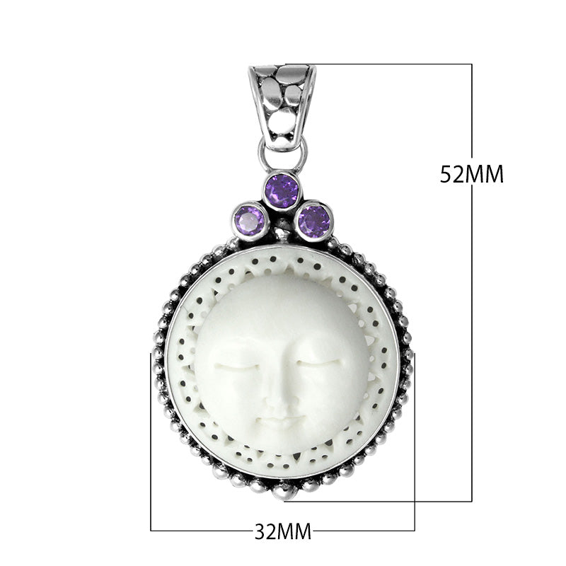 Wholesale sterling silver pendant with carved bone moon face and Amethyst Quartz accents, handcrafted in Bali.